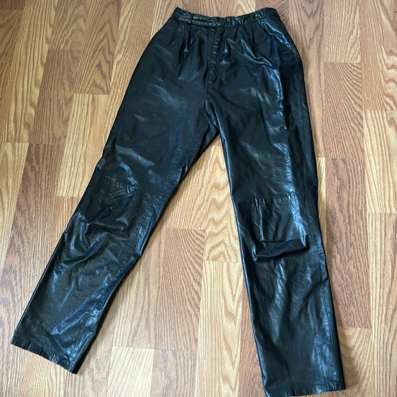 Leather 80s Pants Women's Size 8 Black Pleated Two Pockets Zipper Velcro Lined - Picture 1 of 13